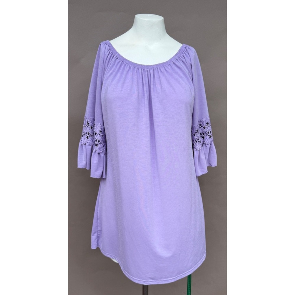 Win Win Womens Top L XL Ruffle Lace Sleeve Tunic Orchid Crochet Romantic Boho